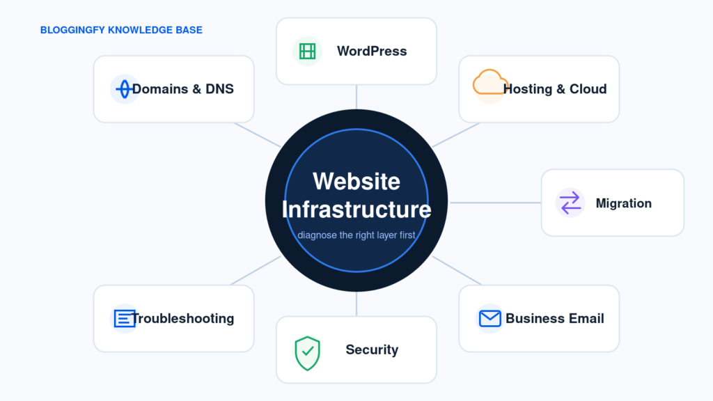 Bloggingfy website infrastructure map covering domains, DNS, WordPress, hosting, migration, business email, security and troubleshooting